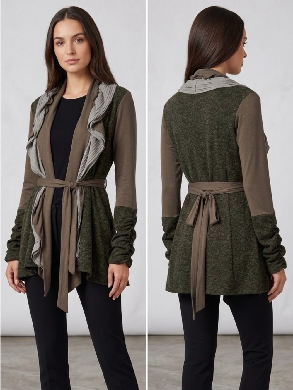 Rinascimento Italian Mixed-Media Ruffle Waterfall Duster Cardigan S Olive Grey